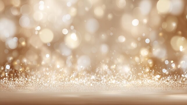 Elegant beige background with glowing white bokeh light particles