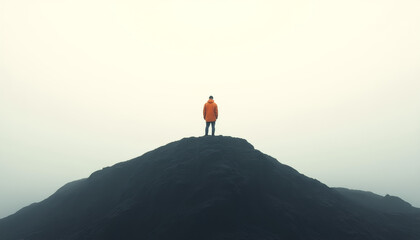 Lone Figure in Orange Jacket on Dark Mountain – Minimalist Outdoor Isolation Concept