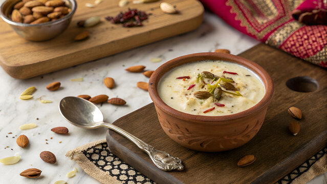Traditional Rabri Dessert in Clay Pot with Saffron and Dry Fruits &ndash; Rich Indian Sweet Dish