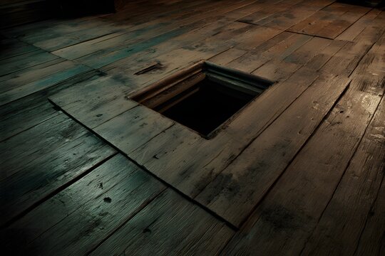 Trapdoor uncovers a concealed passage in a shadowy, textured wooden floor.