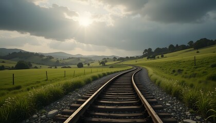 Obraz premium Rural train tracks winding through green fields and hills