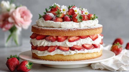 layered strawberry shortcake with whipped cream and fresh berries