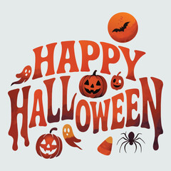 Happy Halloween T-Shirt Design &ndash; Spooky Pumpkins, Ghosts, Spider, Bat, and Candy Elements