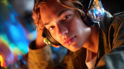 A close-up portrait of a young DJ wearing large headphones, showing a focused and energetic expression