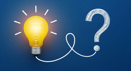 Illuminated lightbulb connected to a question mark, symbolizing problem-solving, idea generation, or finding answers, perfect for brainstorming or FAQ concepts