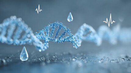 Futuristic abstract medical background with double DNA strands, electronic reception line banner, water drops, heart rhythm icon and wave pattern on gradient blue backdrop