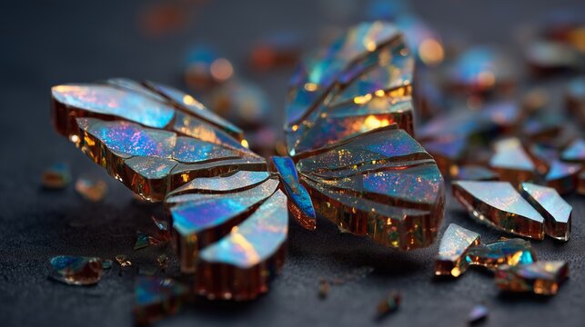 butterfly shape made of colorful broken glass shards on dark surface