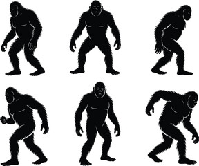 Bigfoot Silhouette Vector in Forest Landscape, Sasquatch Clipart Design – Mythical Creature Illustration, Forest Monster Bigfoot SVG – Outdoor Adventure Design, Retro Bigfoot Design – Mountain Camping