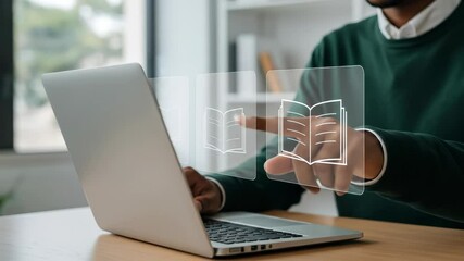 Online Learning: Man Using Laptop to Access Digital Library - Powered by Adobe