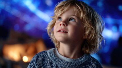 A child with a look of wonder and amazement gazes upward, captivated by the dazzling solar system and twinkling stars projected onto the dark ceiling of the planetarium