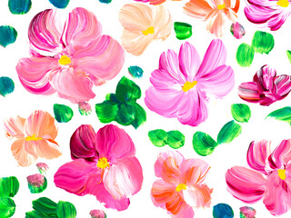 Abstract pink  flowers, original hand drawn, impressionism style, color texture, brush strokes of paint, art background.