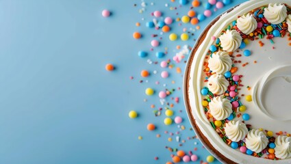 Celebration Cake Top View: Vibrant Sprinkles on White Frosting