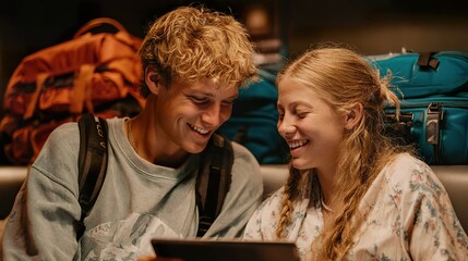 Tech-Savvy Couple Utilizing AI-Powered Travel Application on Tablet During Exciting Packing Moments Before Journey