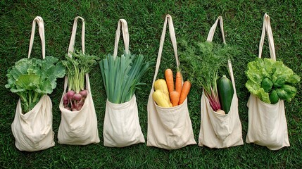 Eco-Conscious Shopping Scene: Reusable Cloth Bags and Fresh, Seasonal Produce in a Sustainable Market Setting