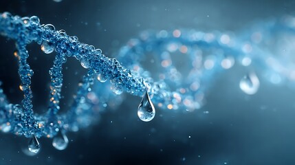 Futuristic abstract medical background with double DNA strands, electronic reception line banner, water drops, heart rhythm icon and wave pattern on gradient blue backdrop