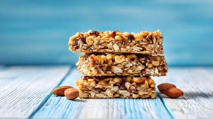Tasty granola bars on a white wooden table against a blue background.