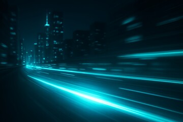 Futuristic city lights and neon blurred street with glowing lines in dark urban skyline at night, digital futuristic theme with modern cityscape