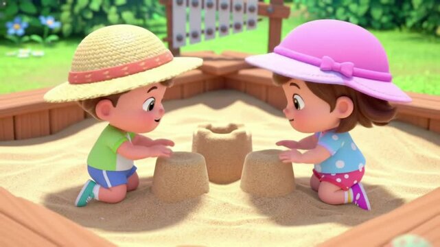 Toddlers playing in sandbox building sandcastle, cartoon animation, pastel colors