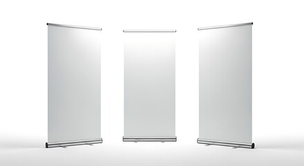Blank white roll up banner stands isolated, ideal for trade show presentations