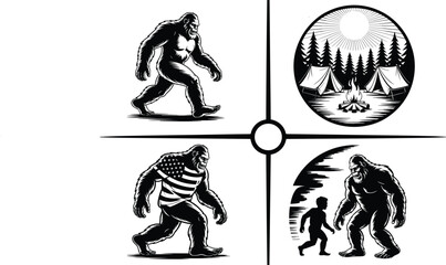 Bigfoot Silhouette Vector in Forest Landscape, Sasquatch Clipart Design – Mythical Creature Illustration, Forest Monster Bigfoot SVG – Outdoor Adventure Design, Retro Bigfoot Design – Mountain Camping