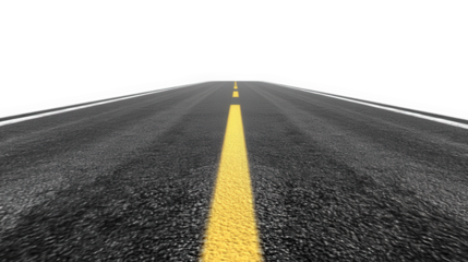Asphalt road with yellow line on transparent background