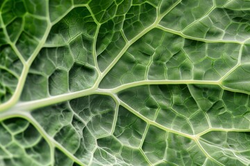 Close-up view of a fresh green cabbage leaf showcasing its intricate texture and patterns