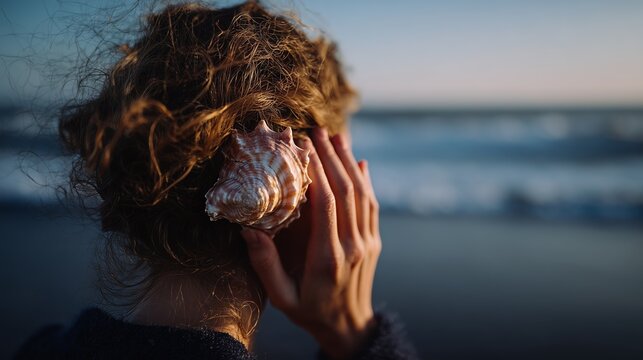 A person listens to a seashell by the ocean, capturing the soothing sounds of the sea at sunset. - Powered by Adobe