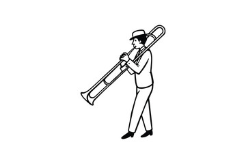 Elegant Trombone Player in Suit and Hat Performing a Tune in Black and White Silhouette musician plays the trombone The image