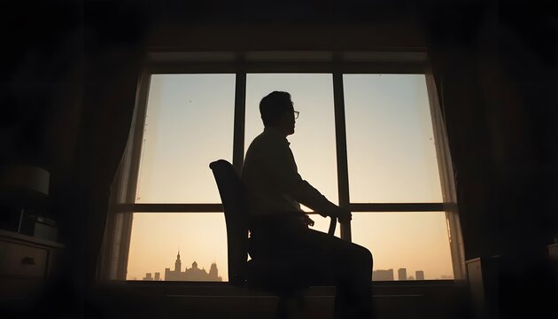 Silhouette of man sitting in chair looking out window at city skyline at sunset or sunrise