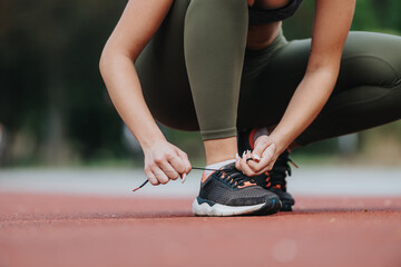 Closeup of a woman tying her running shoes on a track, wearing exercise clothing, ready for an...