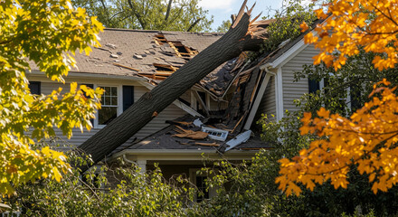 Large tree fallen on house roof, causing significant damage to shingles and structure Autumn leaves visible showcasing storm damage and need for home repair or insurance claim