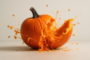 Exploding pumpkin splashing pulp and seeds on white background