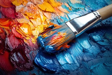 Obraz premium Vibrant paint palette with blue and orange hues during an artist's creative session