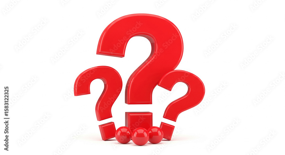 Poster Three red question marks, one large and two smaller, stand on a base of red spheres, against a white background, symbolizing inquiry, uncertainty, or problem-solving