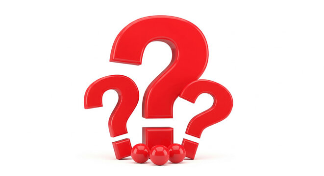 Three red question marks, one large and two smaller, stand on a base of red spheres, against a white background, symbolizing inquiry, uncertainty, or problem-solving