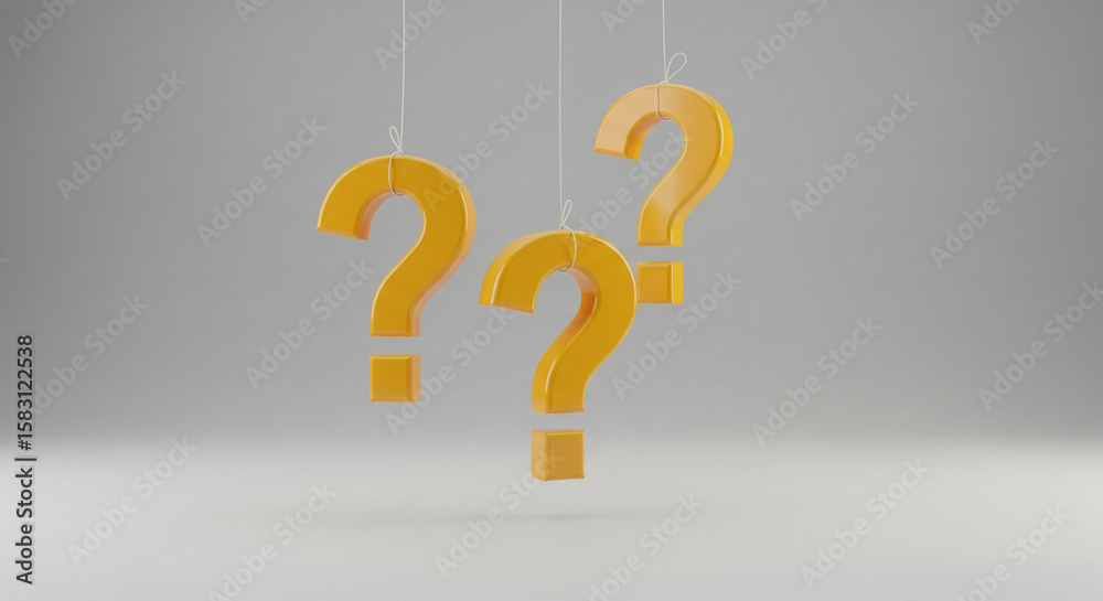 Poster Three yellow question marks hang from thin strings against a gray background, representing uncertainty, inquiry, or the search for answers.  Free space available