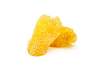 Dried dehydrated pear fruits arranged artistically on a clean white background, showcasing their...