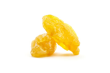 Dried dehydrated pear fruits, showcasing vibrant yellow color and unique texture, arranged artistically on a clean white background, highlighting natural sweetness and healthy snacking options