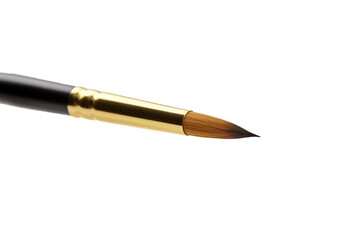 Close-up view of a fine-tipped paintbrush with a golden ferrule and black handle, showcasing the...