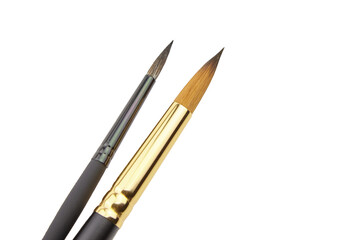 Two artist paintbrushes, one with a black handle and fine tip, the other with a golden handle and pointed bristles, showcasing tools for creative expression and artistry