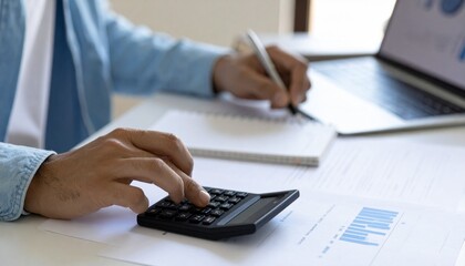 Man using calculator, writing notes, financial report analysis, accounting desk setup, business budget planning, working on laptop, professional finance review, income tracking chart, expense calculat