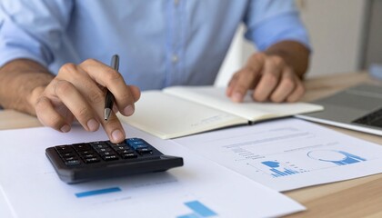 Man using calculator, writing notes, financial report analysis, accounting desk setup, business budget planning, working on laptop, professional finance review, income tracking chart, expense calculat