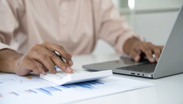 Man using calculator, writing notes, financial report analysis, accounting desk setup, business budget planning, working on laptop, professional finance review, income tracking chart, expense calculat