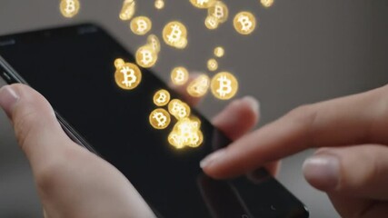 mobile phone with Stunning gold crypto coin (Bitcoin) in a sleek futuristic tech environment. Ideal for fintech, web3, and metaverse content - Powered by Adobe