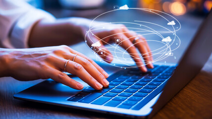Hands typing on laptop with digital network overlay