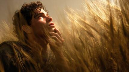 Young prophet Jeremiah praying in a wheat field, devout teenager in sincere supplication to God, biblical Old Testament story of faith and devotion, emotional plea, spiritual trust and repentance.


