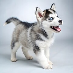 Happy Husky Puppy with Blue Eyes on Grey Background &ndash; Cute Dog Portrait for Pet Stock Images

