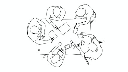 Overhead view of five people sitting around a table with papers and pens in a black and white drawing
