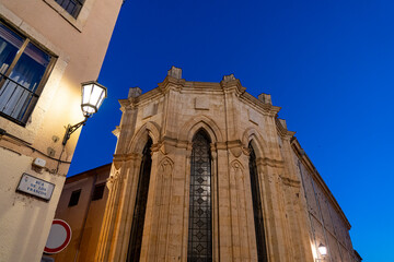 Historical architecture in Zamora, Castilla y Leon during twilight with street lantern illuminating the scene