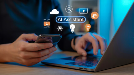 Hands using phone and laptop with A I icons technology